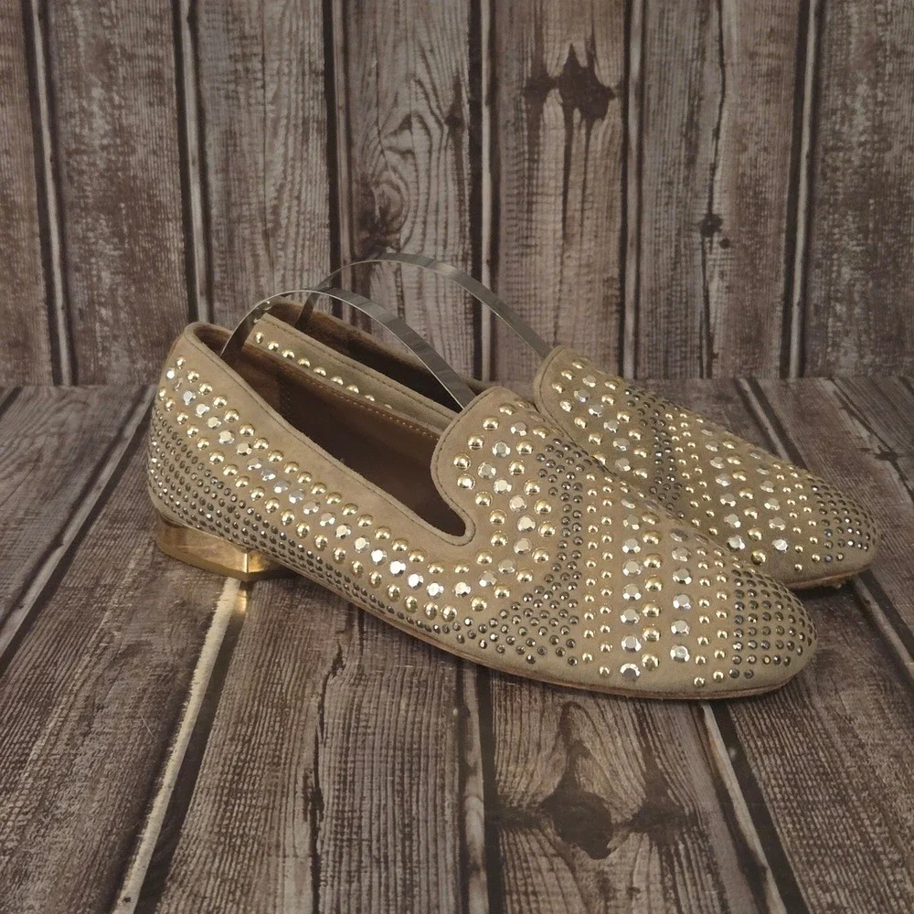 Sz 6 M Donald‎ J Pliner Henley Studded Suede Loafers Tan Gold Silver Shoes VGUC
